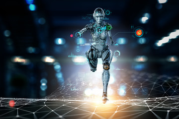 Cyborg silver running woman. Mixed media