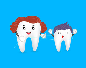 Cute cartoon family tooth character cleaned by dental floss. Dental care concept. Illustration isolated on blue background.