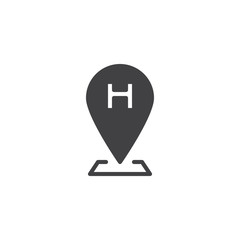 Hospital location pin vector icon. filled flat sign for mobile concept and web design. Map pointer with hospital glyph icon. Symbol, logo illustration. Vector graphics