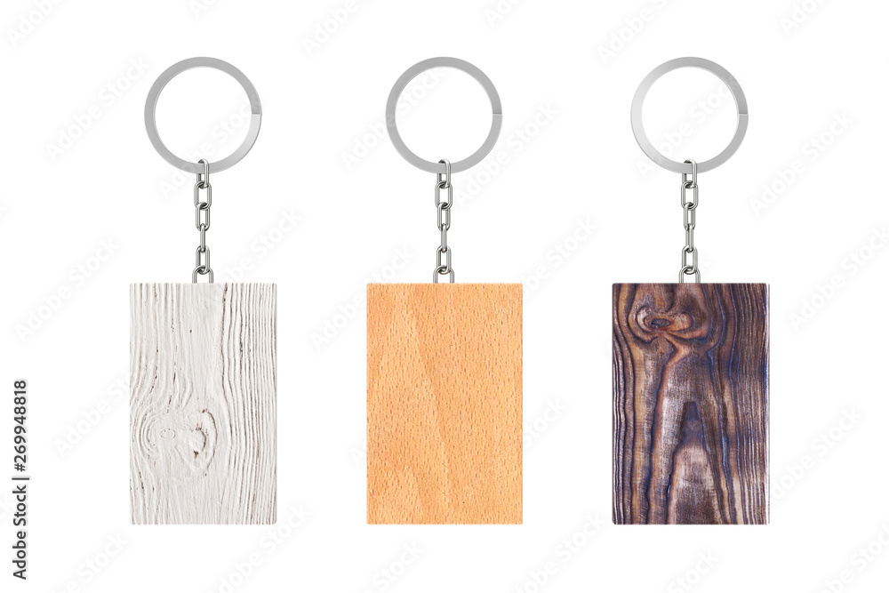 Aufkleber set of vintage keychain with wooden plank and empty space for your design. 3d rendering