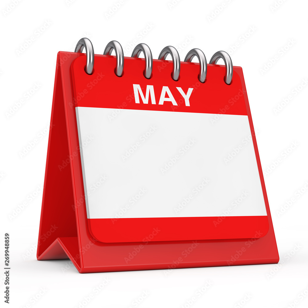 Poster red desktop calendar icon showing a may month page. 3d rendering