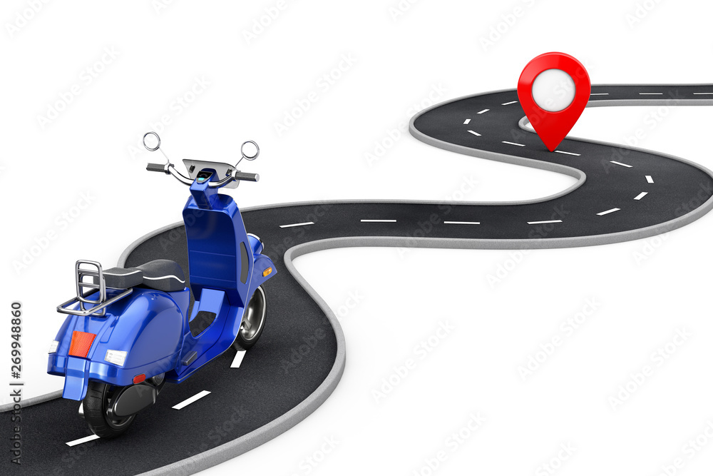Poster blue classic vintage retro or electric scooter follow over winding road to destination red pin targe