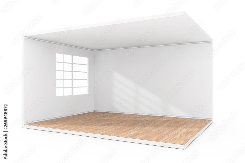 Poster empty room interior with large window and wooden parquet floor. 3d rendering