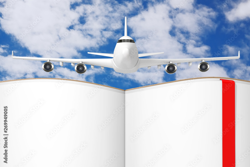 Aufkleber white jet passenger's airplane over opened book with blank pages for your design. 3d rendering