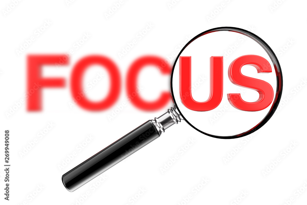 Poster magnifier focused glass concept with red blurry focus sign. 3d rendering