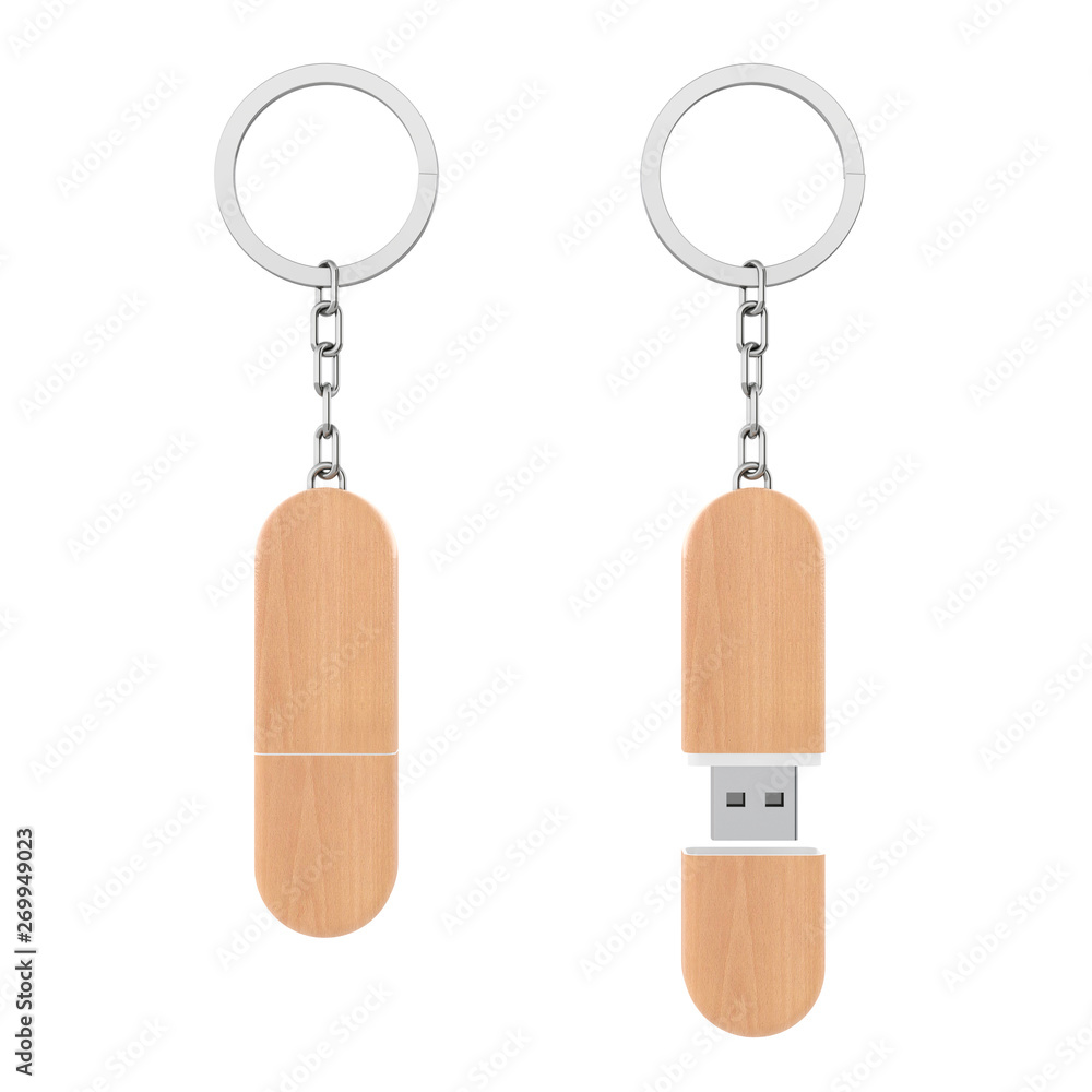 Poster wooden usb flash memory drive key chain mockup. 3d rendering