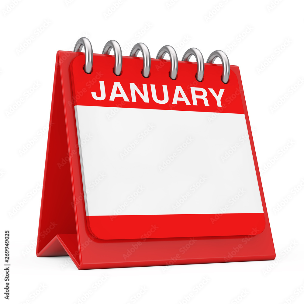 Aufkleber red desktop calendar icon showing a january month page. 3d rendering