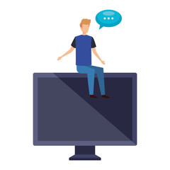 young man seated in computer with speech bubble