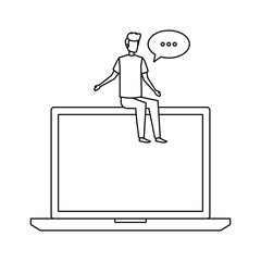 young man seated in laptop with speech bubble