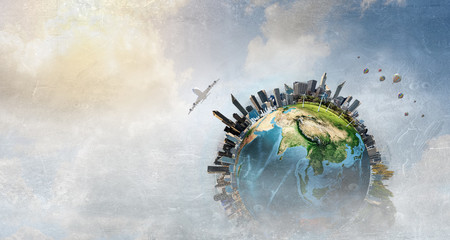 Earth model with city skyline - obrazy, fototapety, plakaty