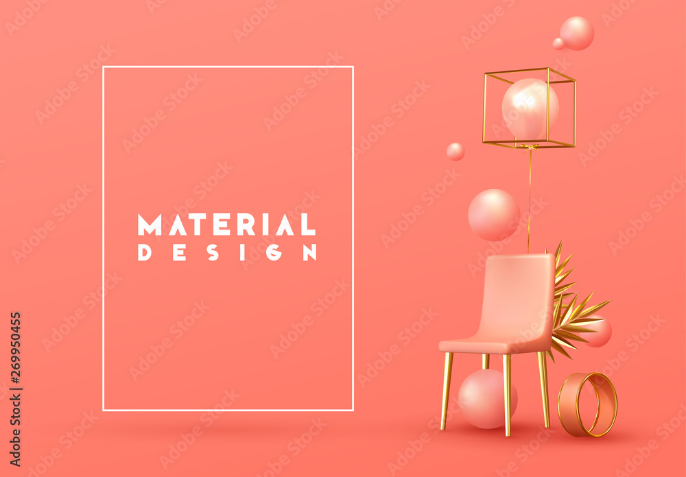 Poster minimal design background with realistic 3d objects of different shapes. creative abstraction pink c