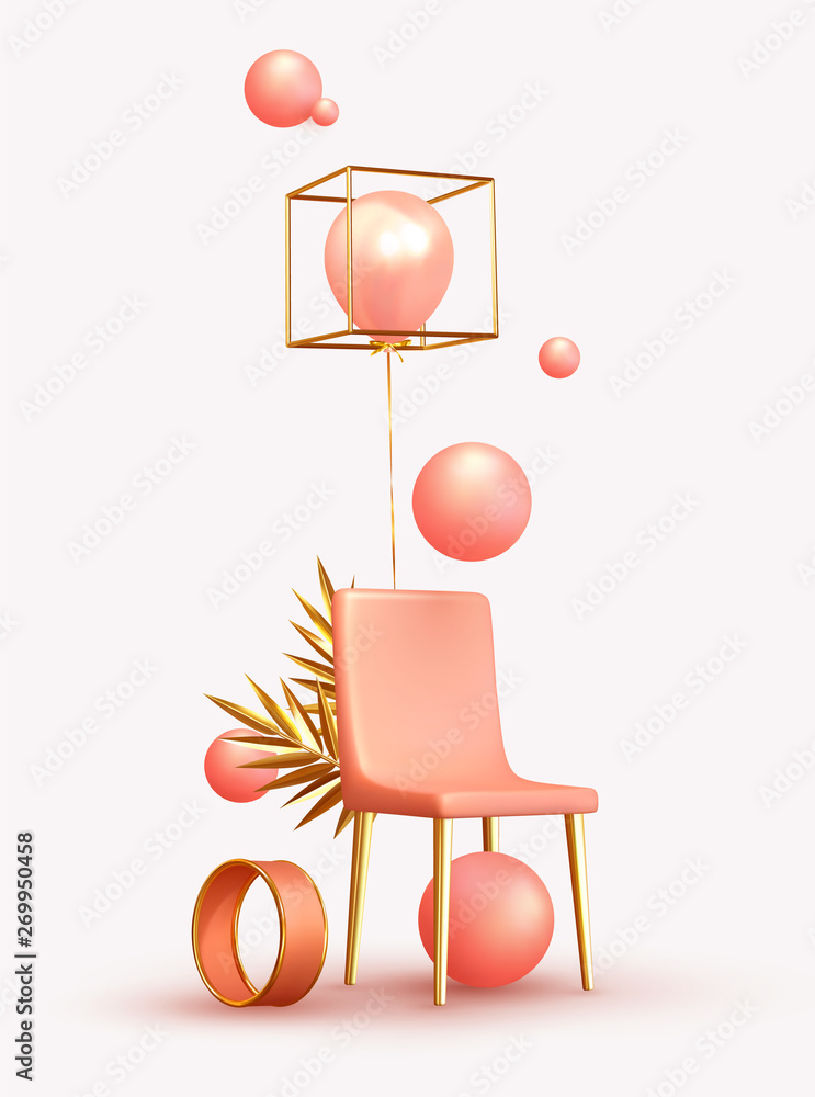 Poster minimal design background with realistic 3d objects of different shapes. creative abstraction pink c