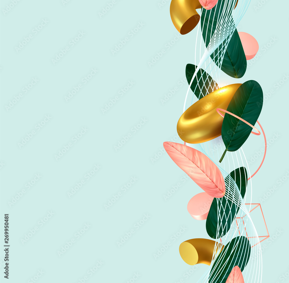 Poster blue minimal background with realistic 3d elements