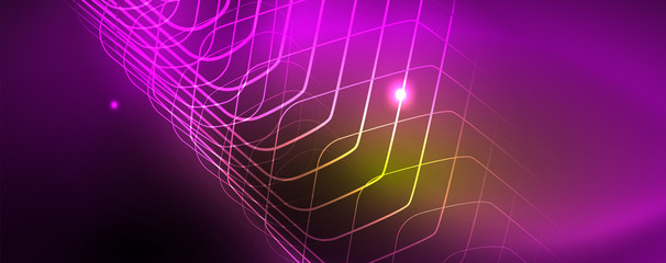 Techno glowing background, futuristic dark template with neon light effects and simple forms, vector