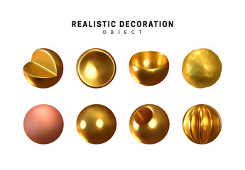 Gold geometric shapes 3d round spherical objects. metal balls design elements. Golden decorative element isolated on white background. Realistic vector illustration.