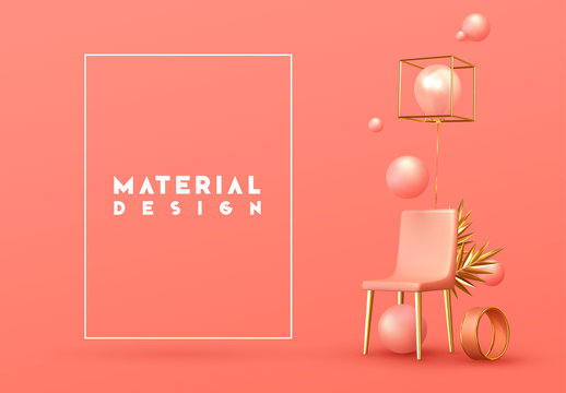 Minimal design background with realistic 3d objects of different shapes. creative abstraction pink chair and golden palm branch leaves, coral sphere, ball round, ballons rose color.