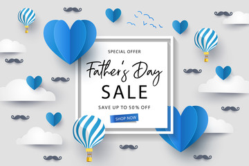 Happy Father's Day Sale background, banner, poster or flyer design with flying origami hearts over clouds with air balloons and paper mustache. Paper art, digital craft style. Vector illustration