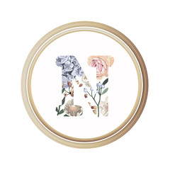 Floral alphabet N of romance greeting card and flower and leaf vector with circle wooden flame.