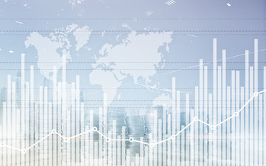 Mixed media of graph and rows of coins for finance and business concept.