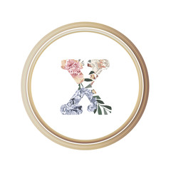 Floral alphabet X of romance greeting card and flower and leaf vector with circle wooden flame.