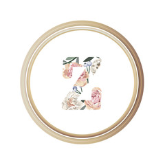 Floral alphabet Z of romance greeting card and flower and leaf vector with circle wooden flame.