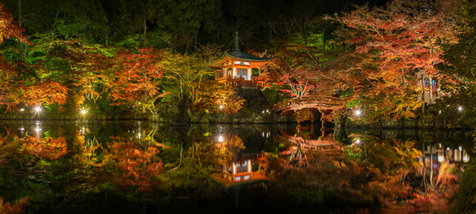 Panorama of idyllic Japanese garden with colorful maple trees in Daigoji temple in autumn season,...