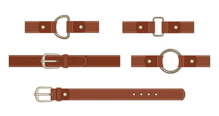 Brown leather belt with buttoned steel buckle, unbuttoned and with different metal haberdashery accessories isolated on a white background. Vector illustration in cartoon flat style.