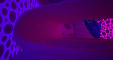 Abstract  Concrete Futuristic Sci-Fi interior With Pink And Violet Glowing Neon Tubes . 3D illustration and rendering.