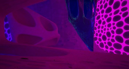 Abstract  Concrete Futuristic Sci-Fi interior With Pink And Violet Glowing Neon Tubes . 3D illustration and rendering.