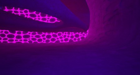 Abstract  Concrete Futuristic Sci-Fi interior With Pink And Violet Glowing Neon Tubes . 3D illustration and rendering.