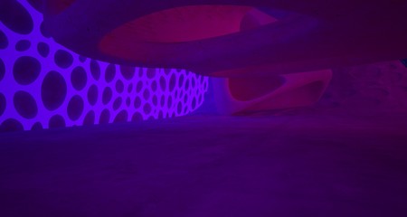 Abstract  Concrete Futuristic Sci-Fi interior With Pink And Violet Glowing Neon Tubes . 3D illustration and rendering.