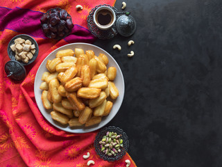 Arabic sweets Tulumba, celebration Eid Ramadan. 