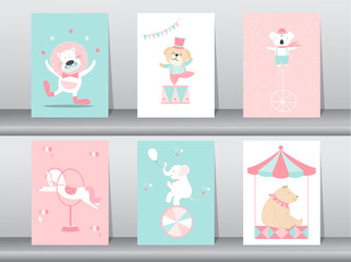 Set of cute animals poster,template,cards,animal,zoo,circus,Vector illustrations 