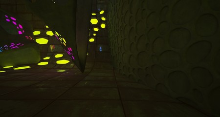 Abstract  Concrete Futuristic Sci-Fi interior With Gradient Colored Glowing Neon Tubes . 3D illustration and rendering.