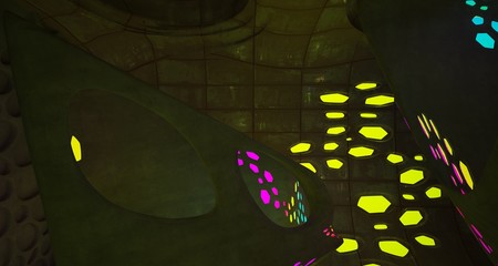 Abstract  Concrete Futuristic Sci-Fi interior With Gradient Colored Glowing Neon Tubes . 3D illustration and rendering.