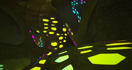 Abstract  Concrete Futuristic Sci-Fi interior With Gradient Colored Glowing Neon Tubes . 3D illustration and rendering.