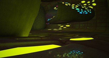 Abstract  Concrete Futuristic Sci-Fi interior With Gradient Colored Glowing Neon Tubes . 3D illustration and rendering.