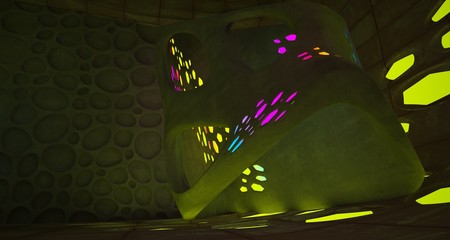 Abstract  Concrete Futuristic Sci-Fi interior With Gradient Colored Glowing Neon Tubes . 3D illustration and rendering.