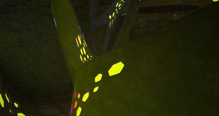 Abstract  Concrete Futuristic Sci-Fi interior With Gradient Colored Glowing Neon Tubes . 3D illustration and rendering.