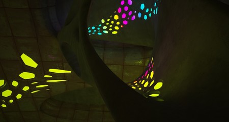 Abstract  Concrete Futuristic Sci-Fi interior With Gradient Colored Glowing Neon Tubes . 3D illustration and rendering.