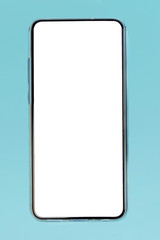 Blank smartphone with space place for text on a blue background. Empty mockup phone.