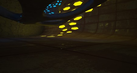 Abstract  Concrete Futuristic Sci-Fi interior With Blue And Yellow Glowing Neon Tubes . 3D illustration and rendering.