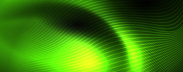 Smoky glowing waves in the dark. Dark abstract background with neon color light and wavy lines. Vector