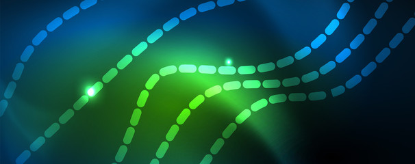 Obraz premium Smooth wave lines on blue neon color light background. Glowing abstract wave on dark, shiny motion, magic space light