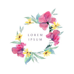 Watercolor frame with wildflowers, poppies, calendula, leaves and grass. Round composition