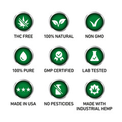 Obraz premium CBD oil icons set including THC free, 100% natural, non GMO, 100% pure, GMP certified, lab tested, made in USA, no pesticides, made with industrial hemp - Vector 