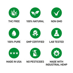 CBD oil icons set including THC free, 100% natural, non GMO, 100% pure, GMP certified, lab tested,  made in USA, no pesticides, made with industrial hemp - Vector 