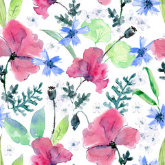 Watercolor seamless pattern with poppies and cornflowers, leaves, greenery. Wildflowers meadow.