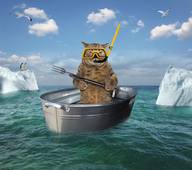 The cat hunter fisherman in uniform with a speargun is drifting in the wash tub among icebergs in the high seas. - obrazy, fototapety, plakaty