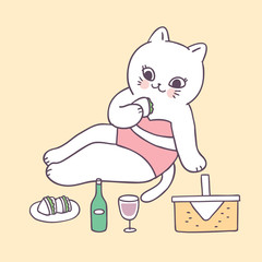 Cartoon cute summer sexy cat and picnic vector.